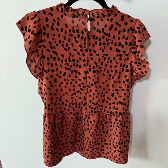 Stylish Women's Rust and Black Leopard Print Cap Sleeve Ruffled Peplum Cheetah M - Picture 5 of 8